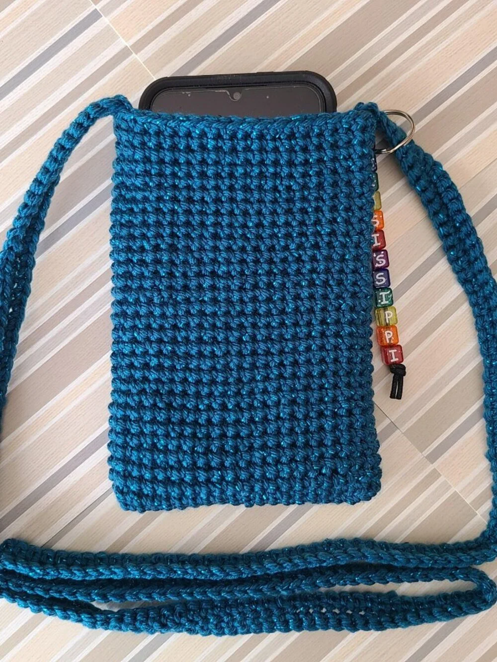 Hand Crochet Cell Phone Case Holder Crossbody Bag with Key Chain Teal Sparkling